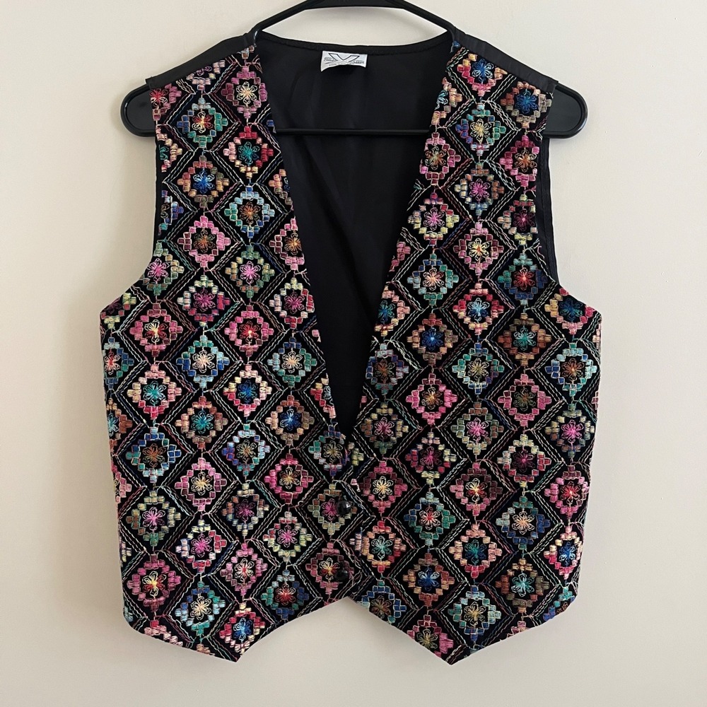 Vintage 90s Embroidered Vest Small Black USA Boho Geometric Colorful Folk Retro